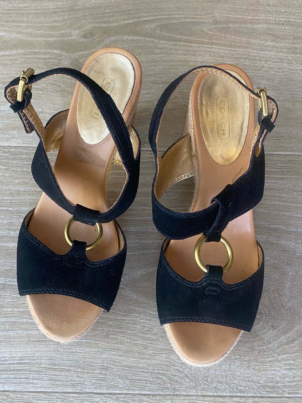 Coach Black Suede Cork Wedge Ankle Strap Sandals Size 9.5B